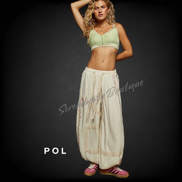 POL Breezy Delicate Lace Embroidered Cotton  Double Gauze Wide Leg Pants - Picture 9 of 9